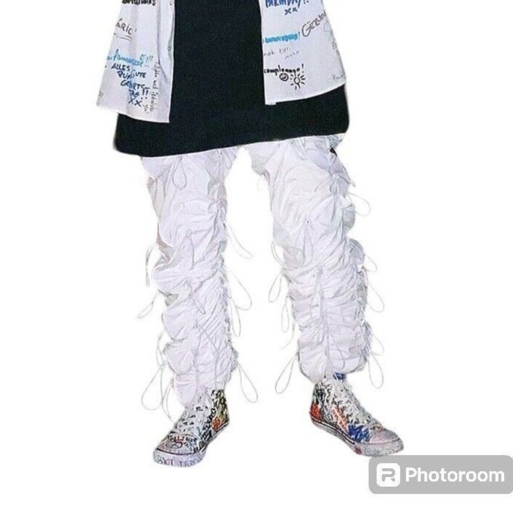 URKOOL‎ White Drawstring Pants Ruched Detail Streetwear Mens Size 34 bungee cord